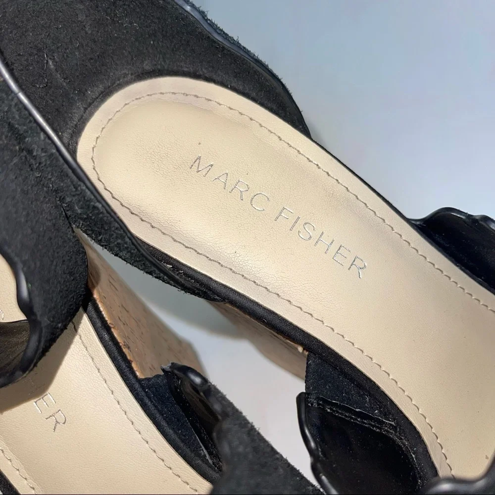 Marc Fisher Black Leather Hayo Wedge Platform Sandal 6